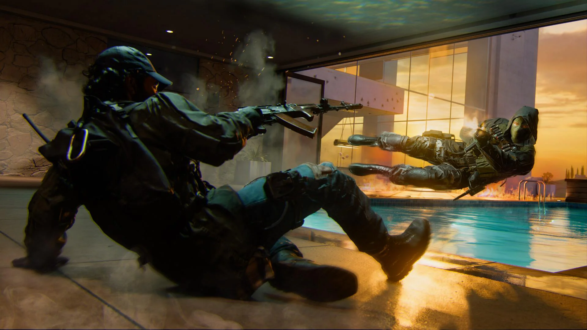 Тактическая перестрелка спецназовцев у бассейна на закате в Call of Duty: Black Ops 6.