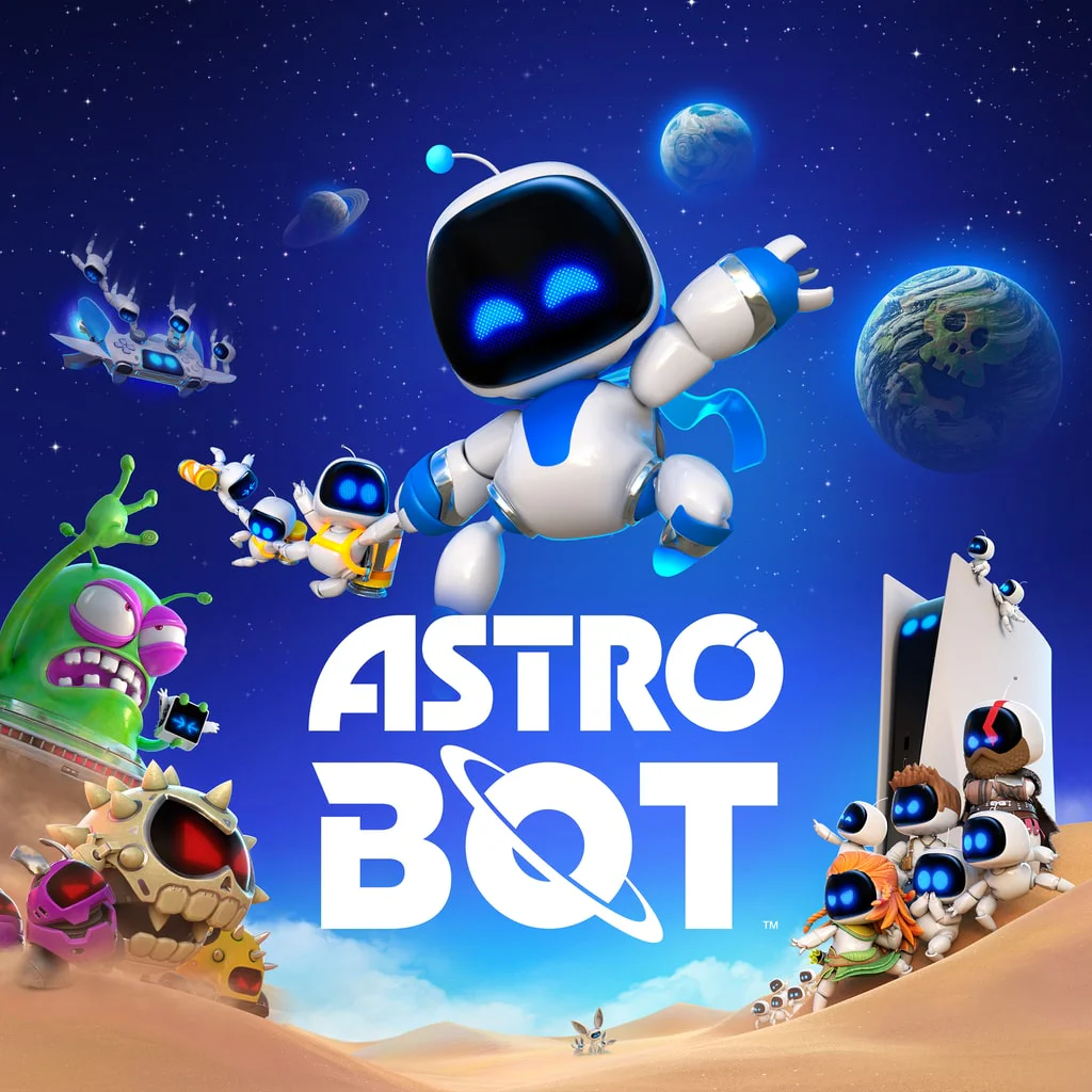 Обложка игры Astro Bot для PlayStation 5 с главным героем и космическими приключениями.