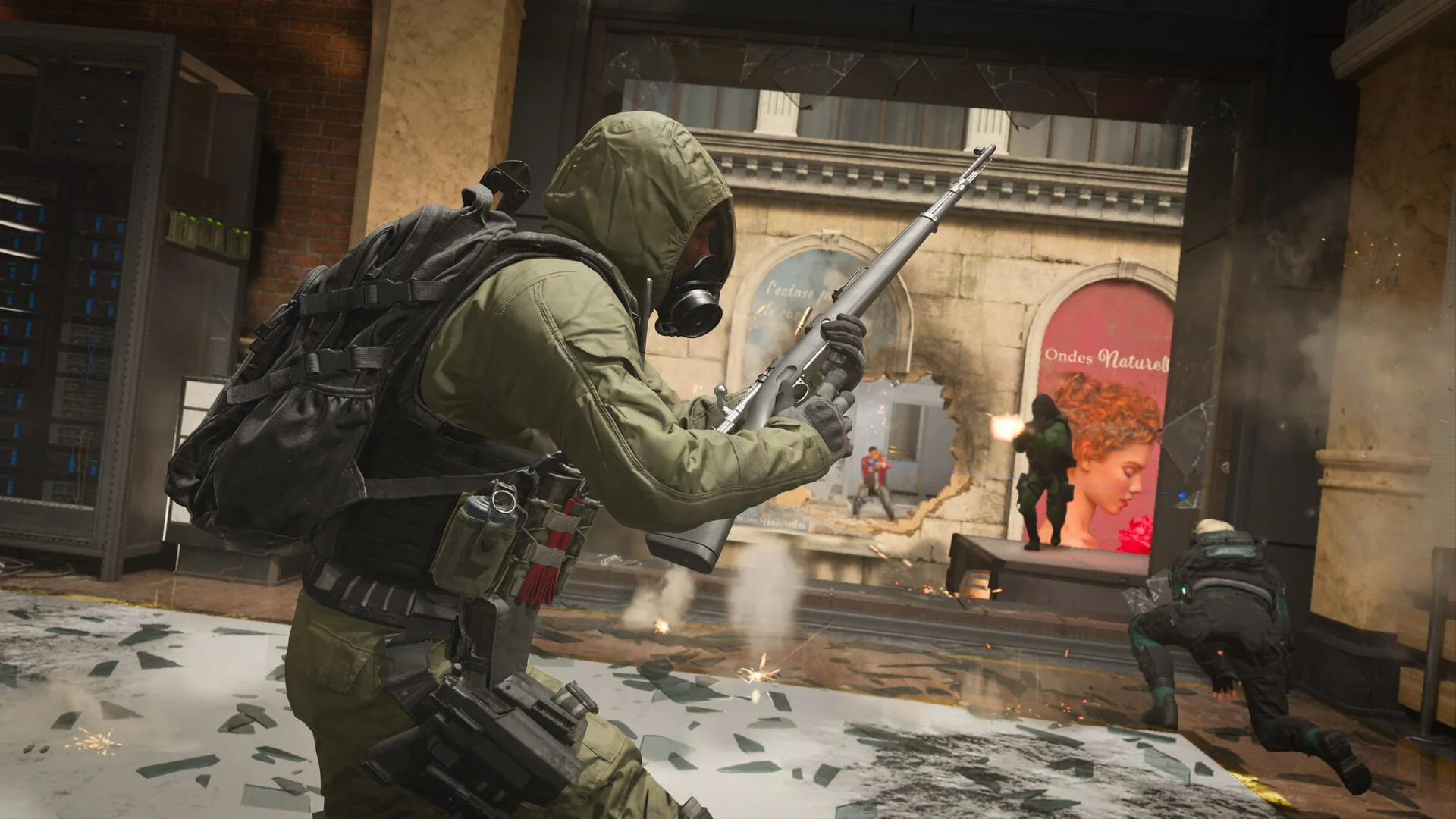 Тактический бой в разрушенном здании в Call of Duty Black Ops 6Солдат в тактическом снаряжении с винтовкой в боевой обстановке в Call of Duty: Black Ops 6.