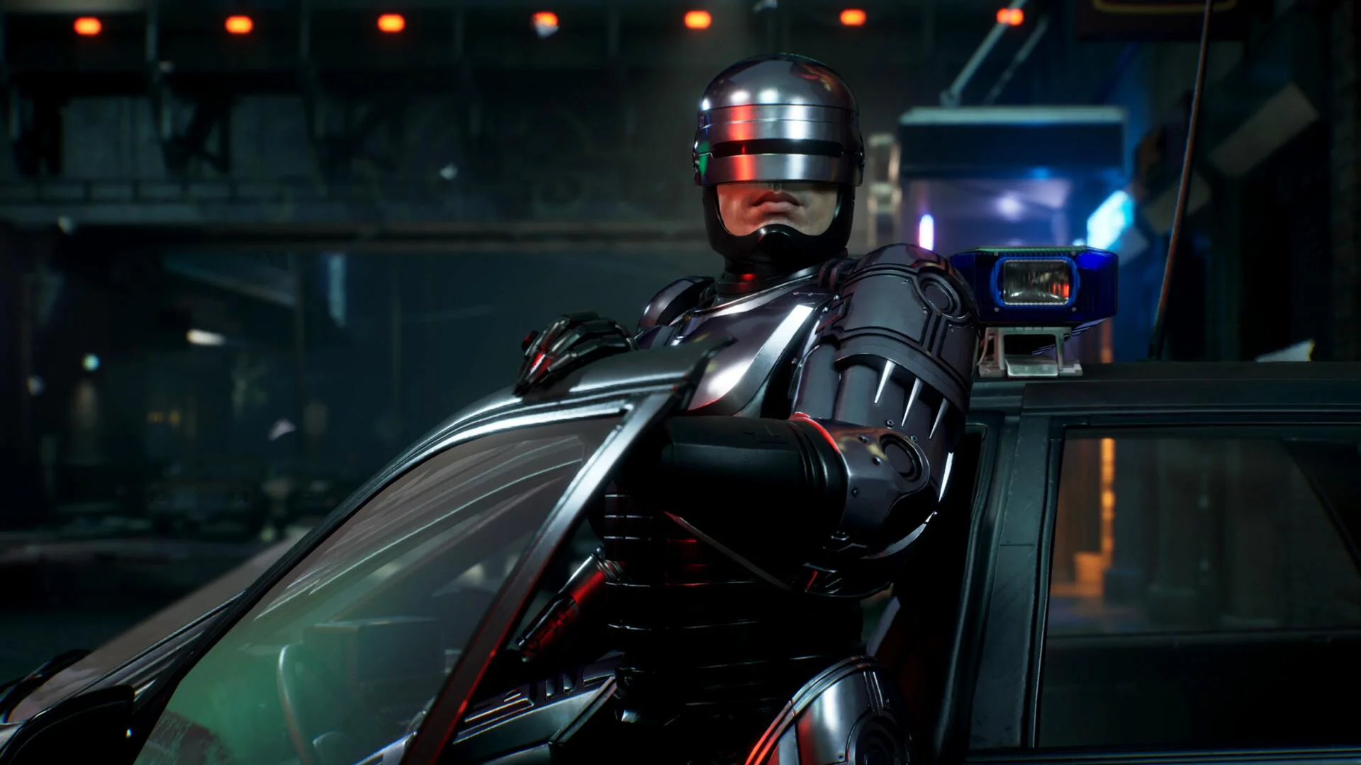 Робокоп выходит из полицейской машины в игре RoboCop: Rogue City