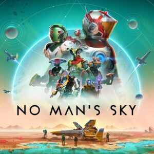 Официальная обложка No Man’s Sky с персонажами, роботами и космическими кораблями