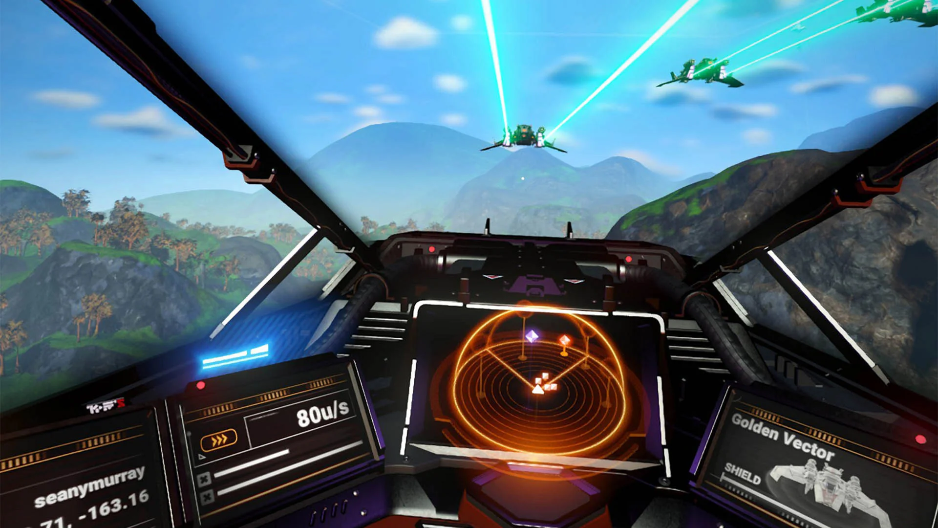 Вид из кабины космического корабля во время сражения в No Man’s Sky
