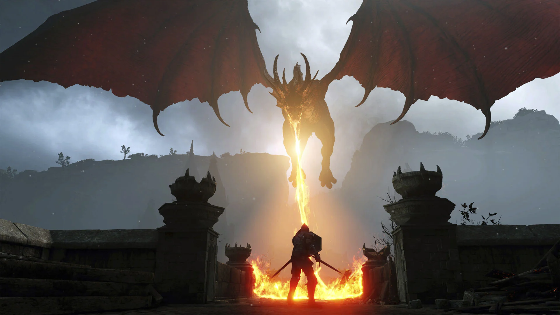 Рыцарь сражается с огнедышащим драконом в Demon’s Souls на PS5