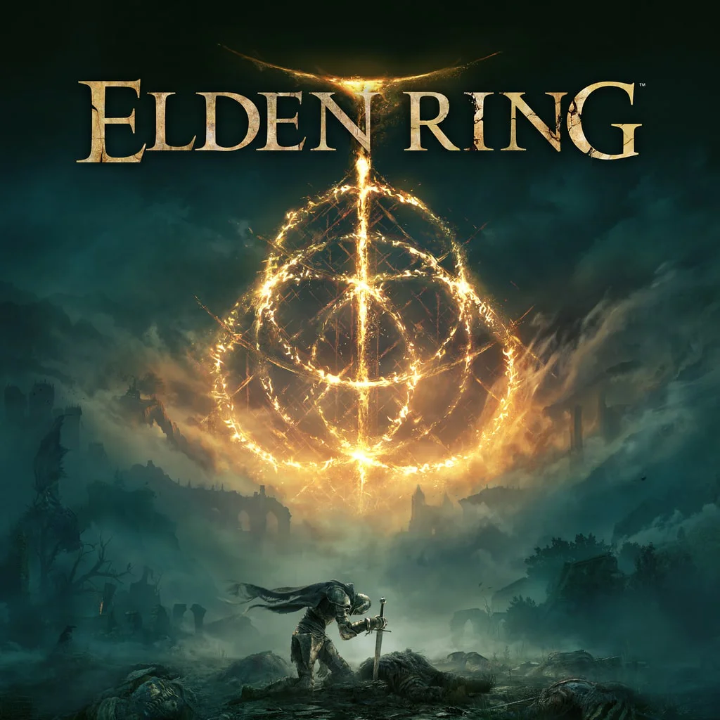 Аренда игр PlayStation: Elden Ring Логотип Elden Ring и рыцарь на фоне разрушенного мира