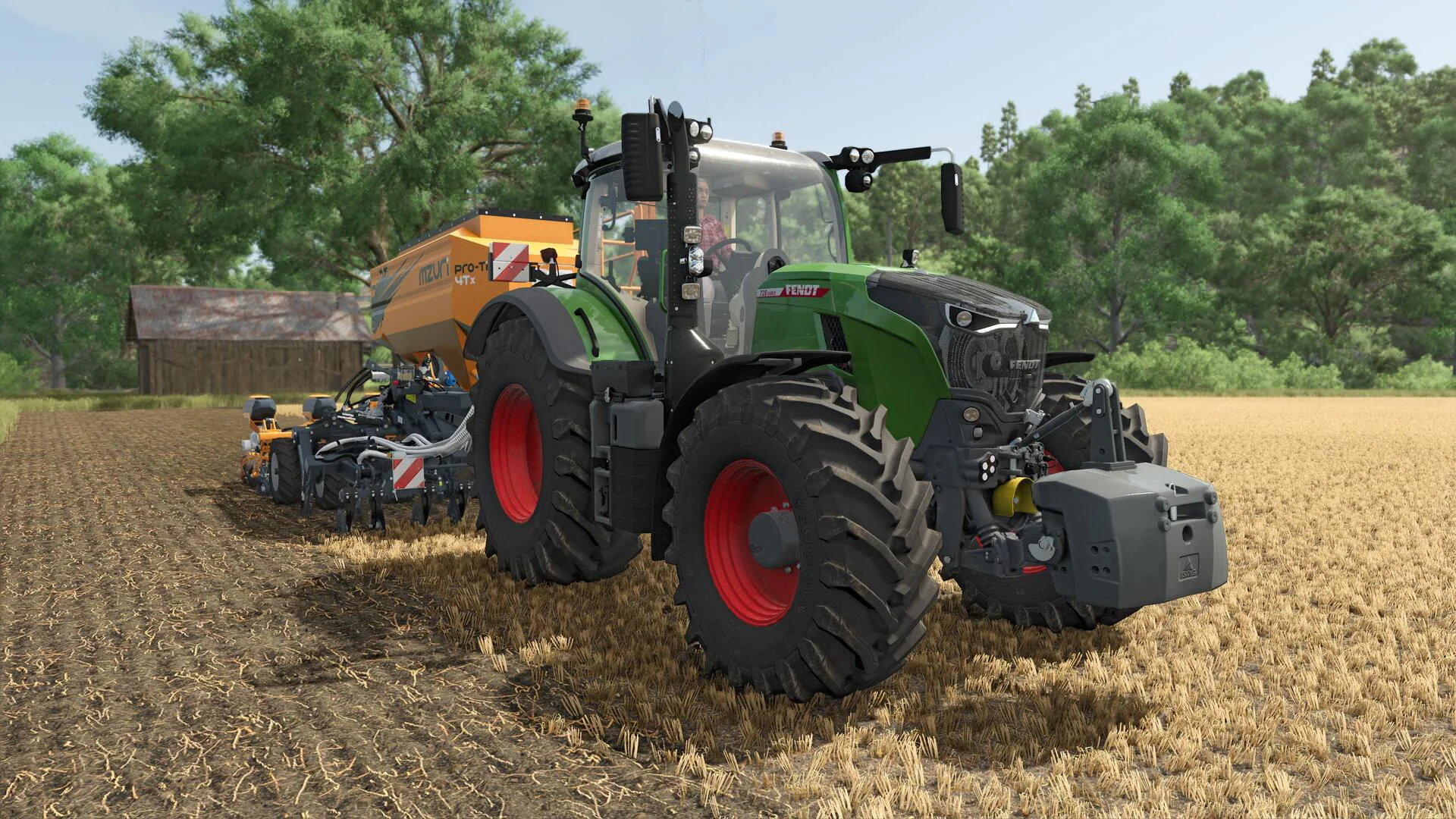 Трактор Fendt с сельскохозяйственным оборудованием работает в поле в Farming Simulator 25