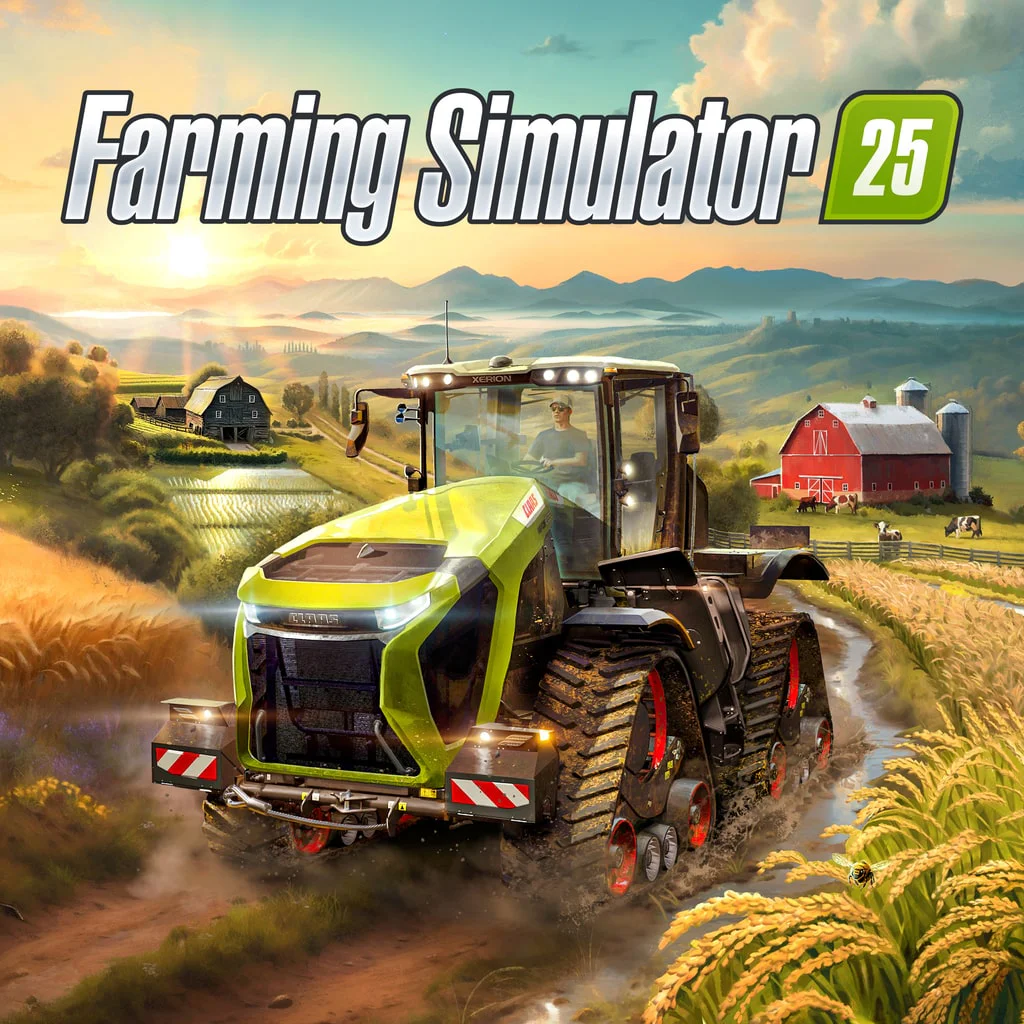 Официальный арт Farming Simulator 25 с трактором Claas Xerion на фоне фермы и пшеничных полей