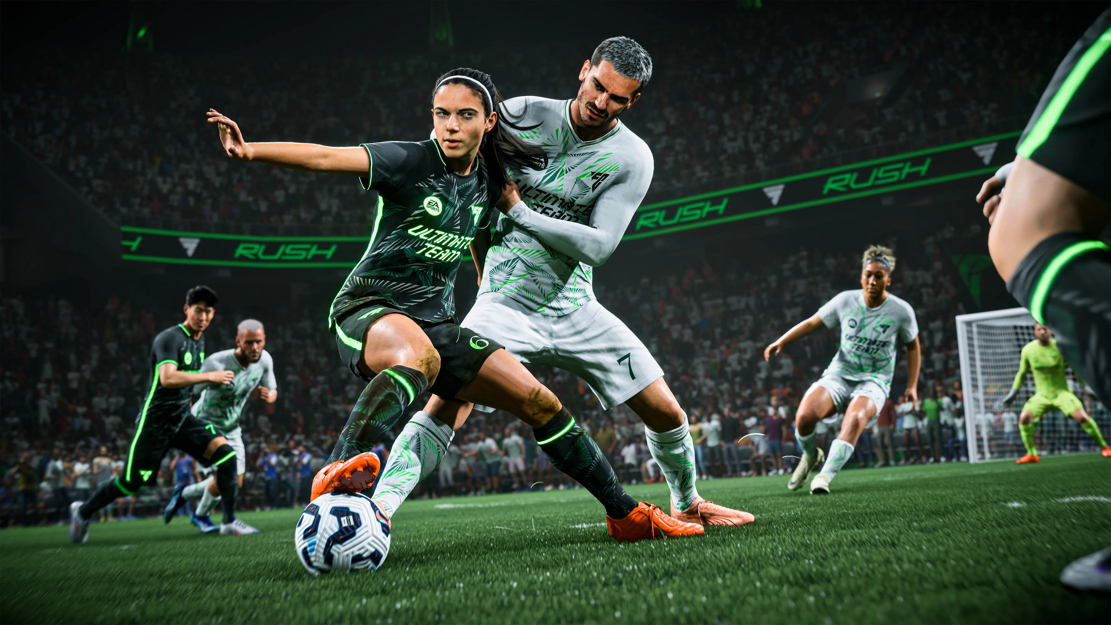 Игроки в FC 25, матч на поле, аренда игр PS4, PS5