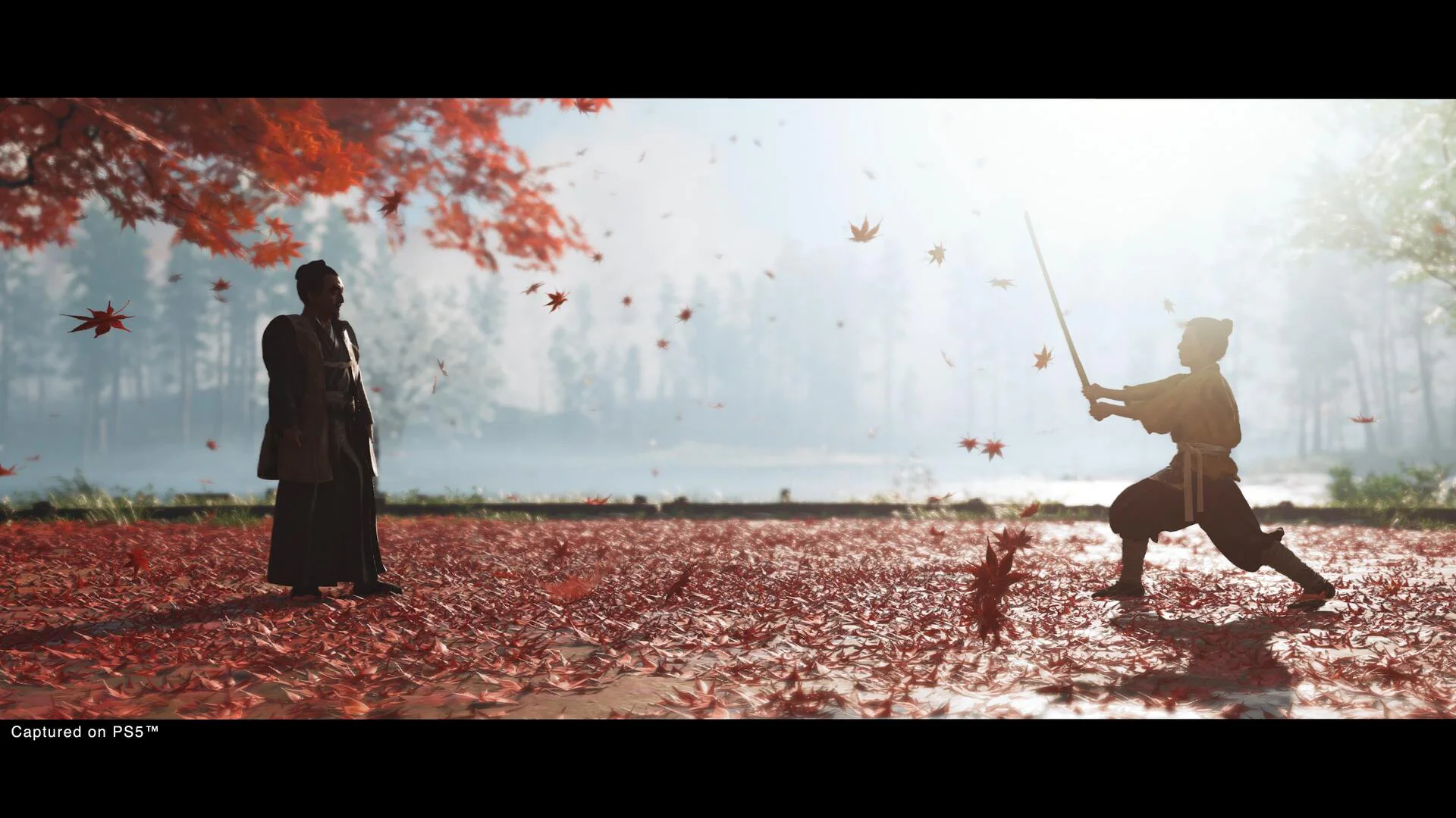 Сцена с самураями на фоне осени из Ghost of Tsushima
