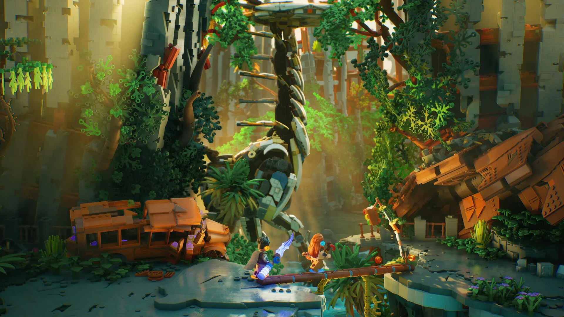 LEGO Horizon Adventures — Элой и её союзник исследуют руины с высоким роботом-дозорным