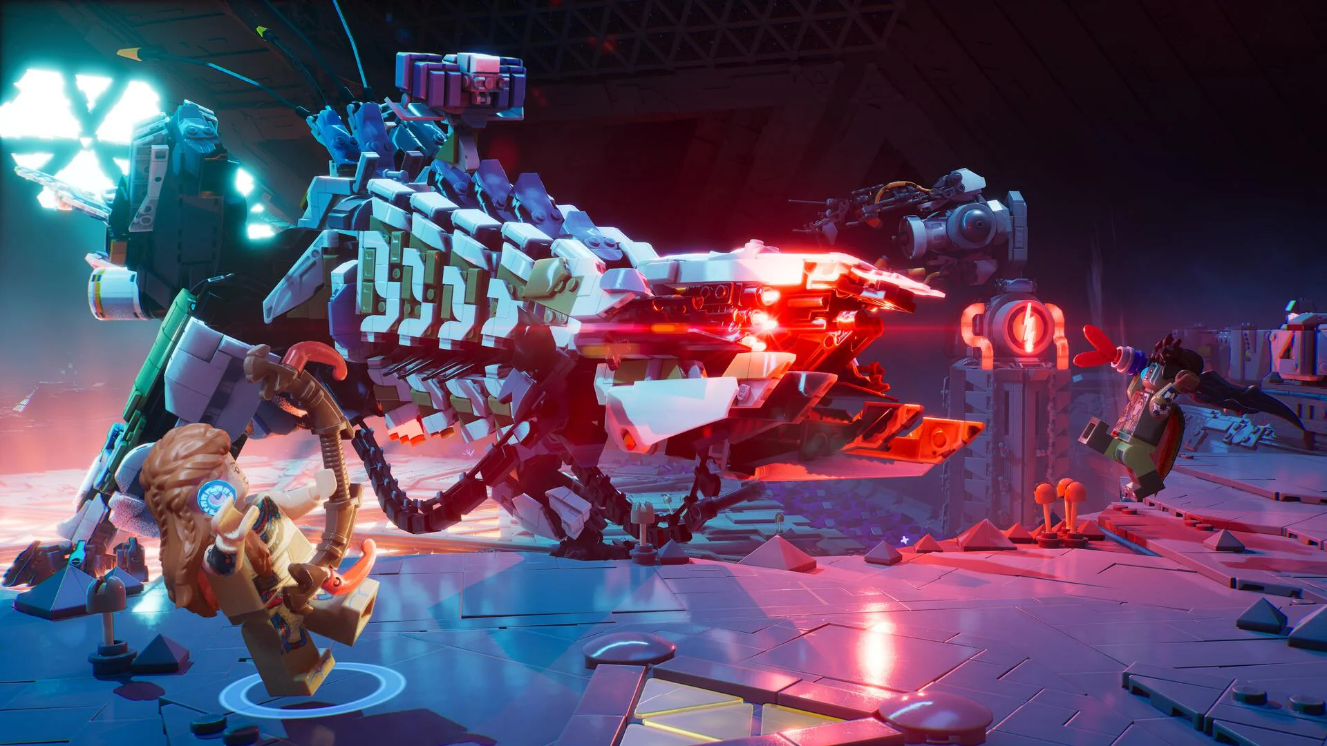 LEGO Horizon Adventures — Элой сражается с огромным механическим тираннозавром в футуристических руинах