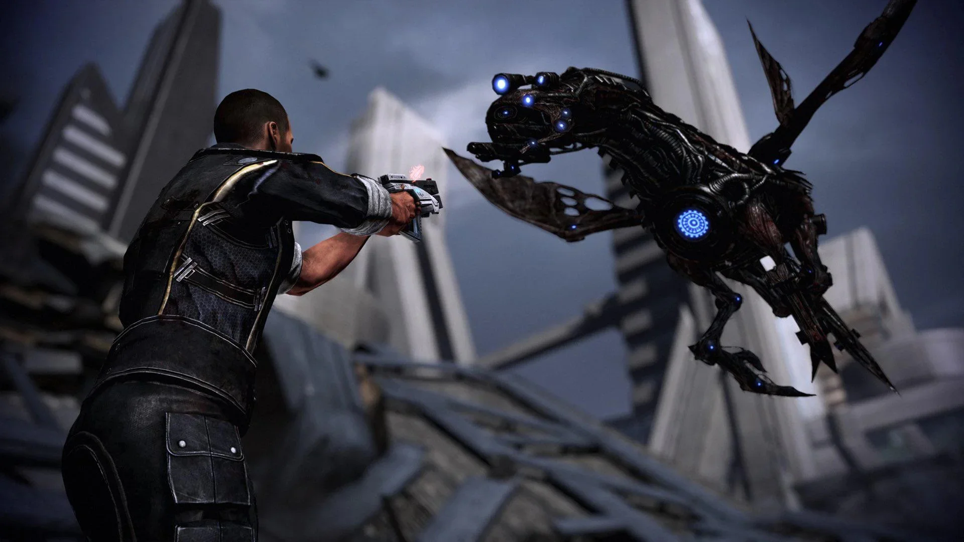 Капитан Шепард сражается с дроном-жнецом в Mass Effect Legendary Edition