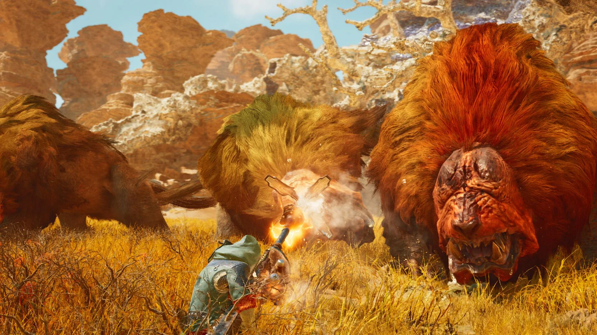 Охотник атакует гигантских звероподобных монстров в пустынной локации Monster Hunter Wilds