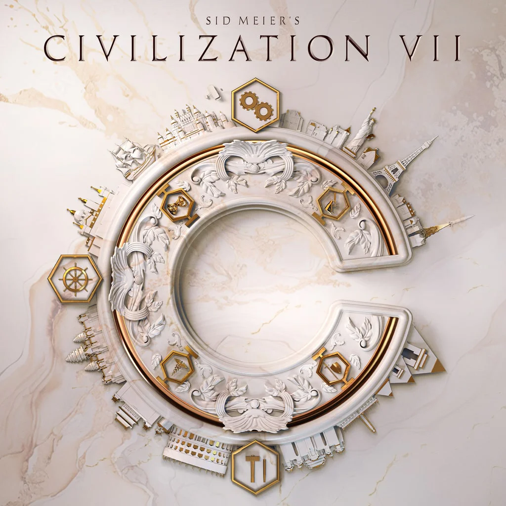 Официальный арт Civilization VII с мраморным логотипом и мировыми достопримечательностями