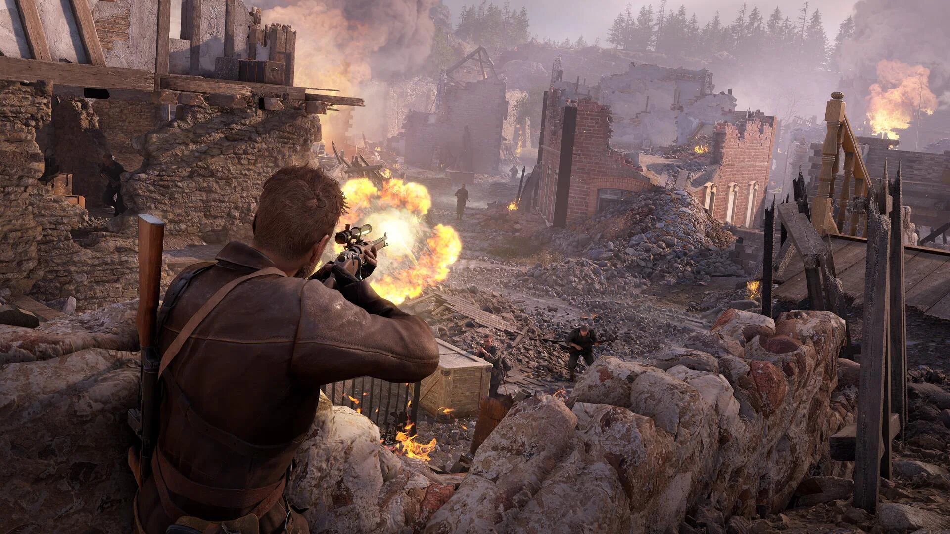 Снайпер Карл Фейрберн ведёт огонь по врагам среди разрушенного города в Sniper Elite: Resistance.
