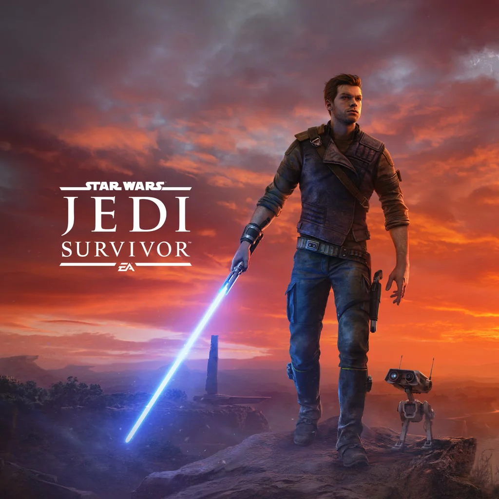 Star Wars Jedi: Survivor — эпическое продолжение сражений джедаев на PlayStation Кэл Кестис с голубым световым мечом и дроидом BD-1
