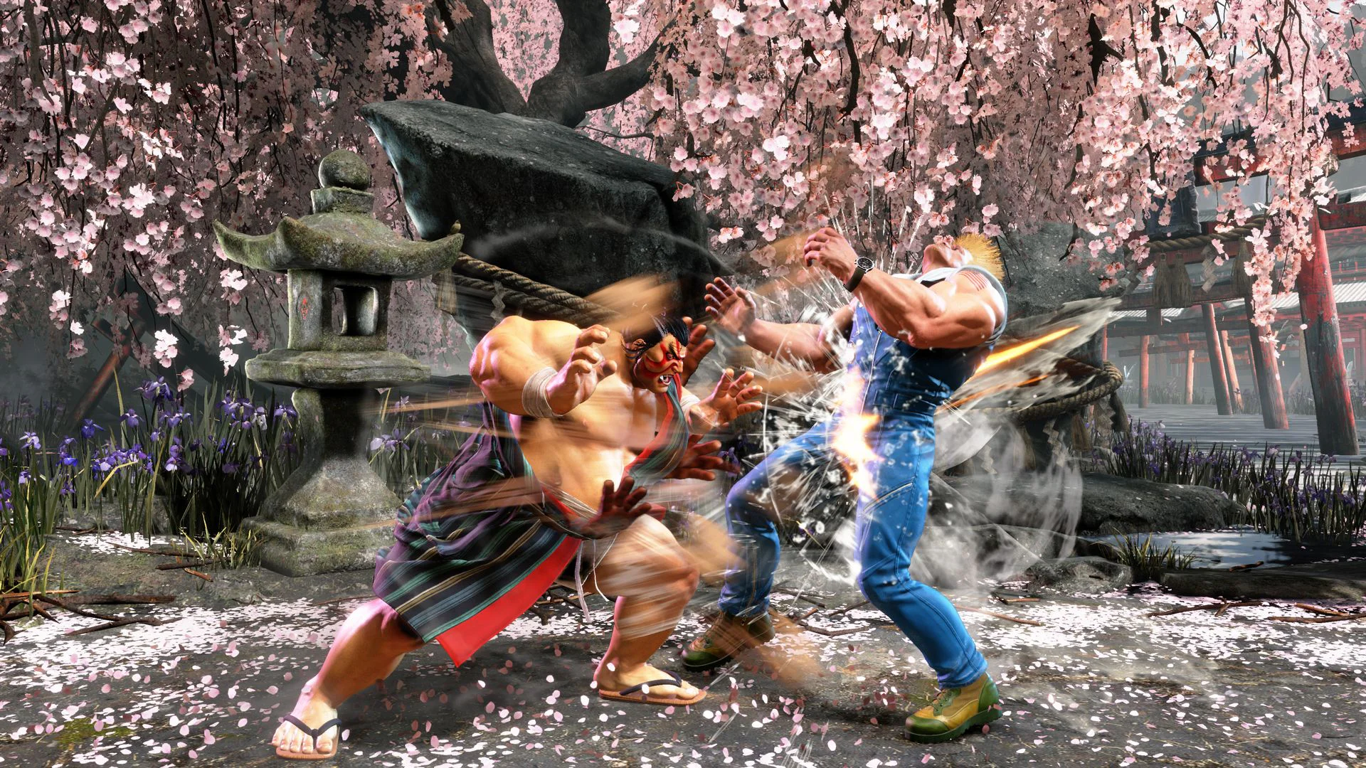 Э. Хонда атакует Гайла в Street Fighter 6 на фоне цветущей сакуры