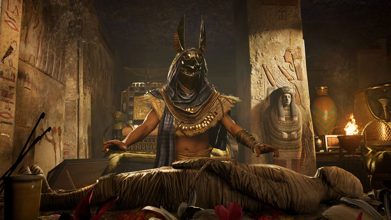 Обряд в гробнице среди артефактов в Assassin's Creed Origins.