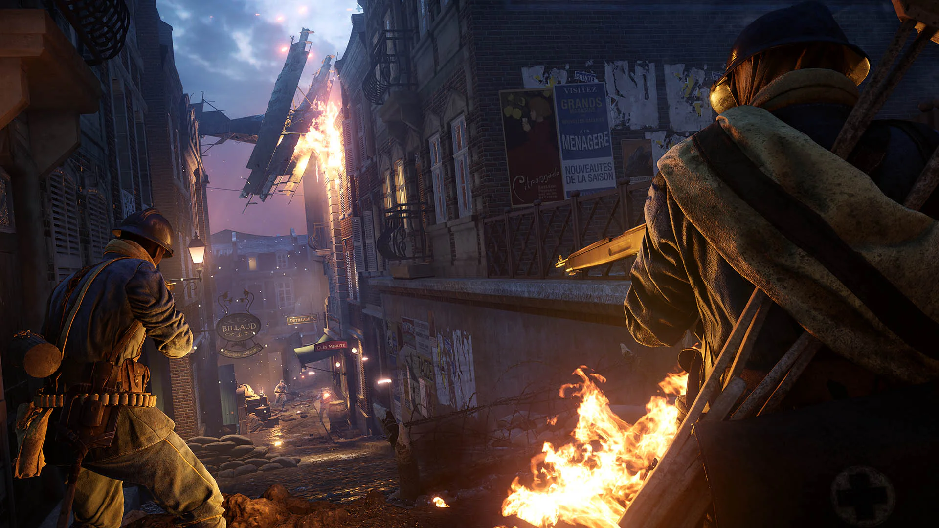 Солдаты в окопах ведут бой на разрушенных улицах города в Battlefield 1