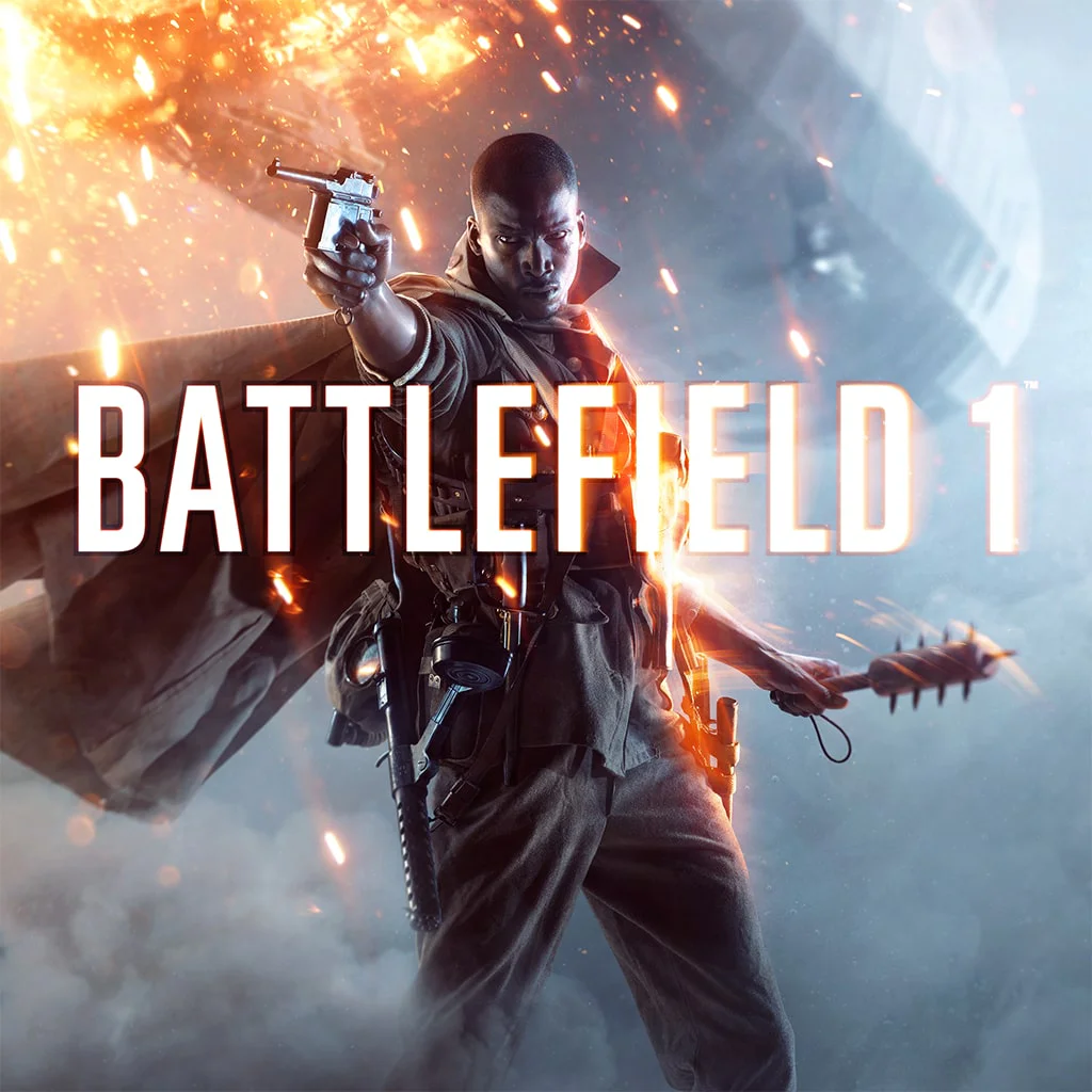 Battlefield 1 — солдат с пистолетом и булавой на фоне взрыва.