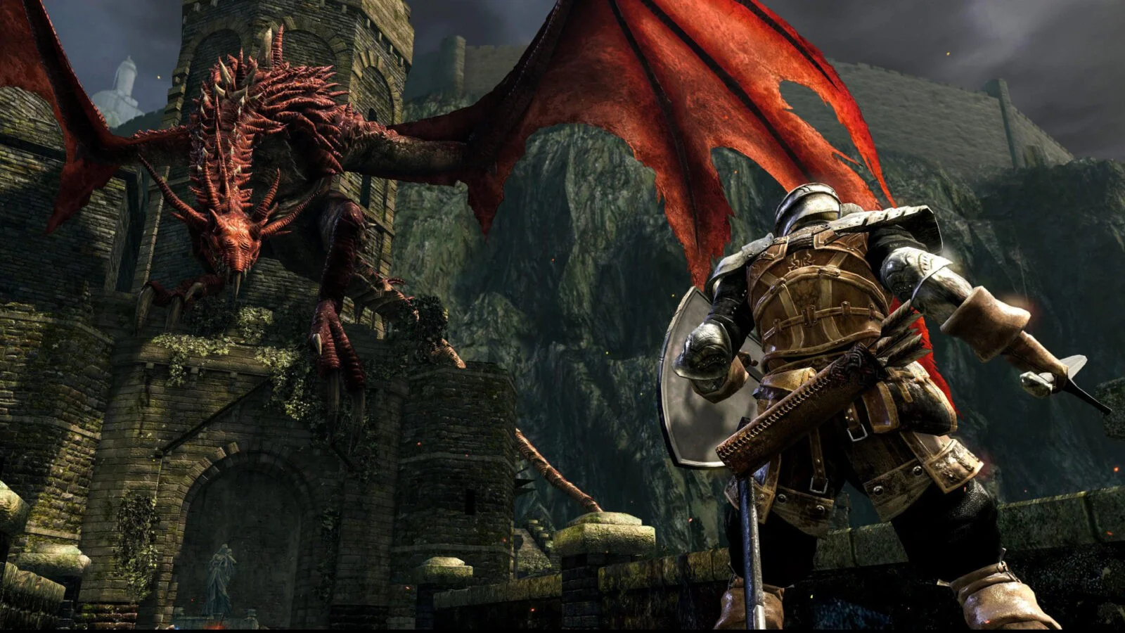 Рыцарь сражается с красным драконом на мосту в Dark Souls