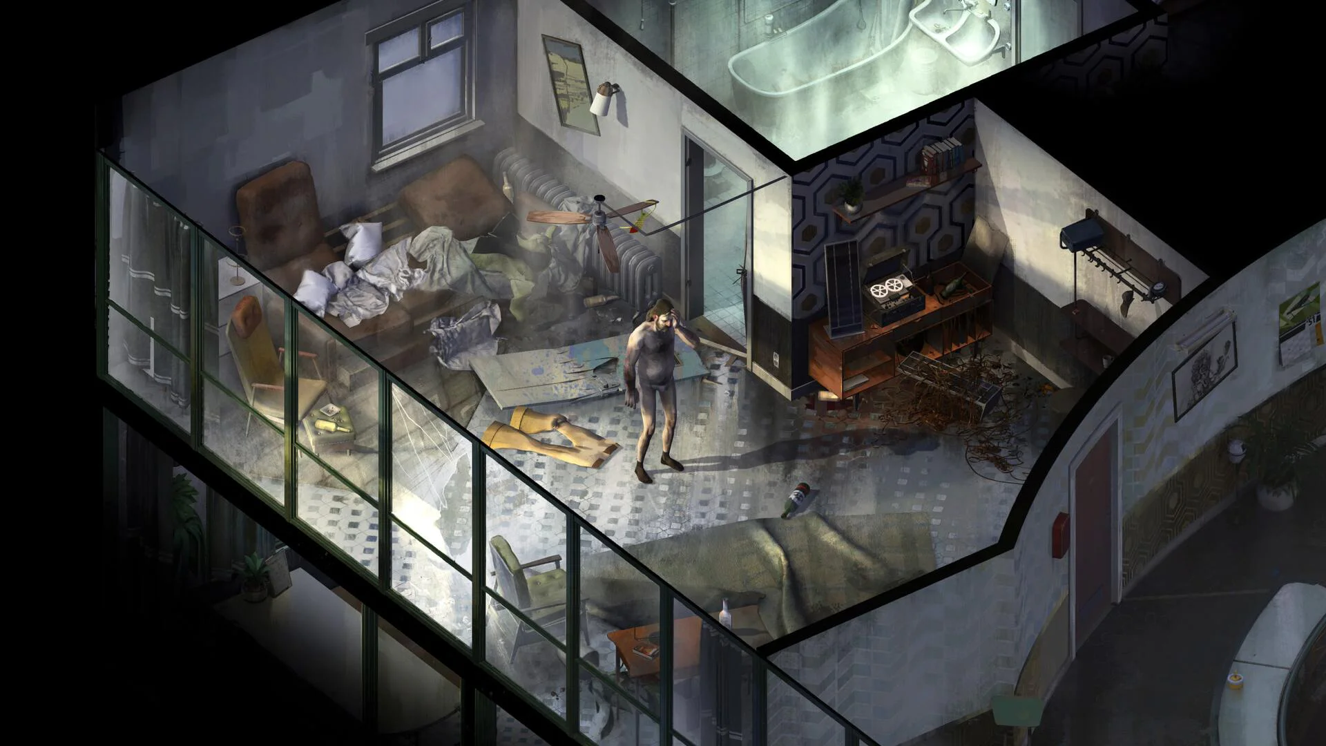 Disco Elysium — главный герой просыпается в разгромленном гостиничном номере