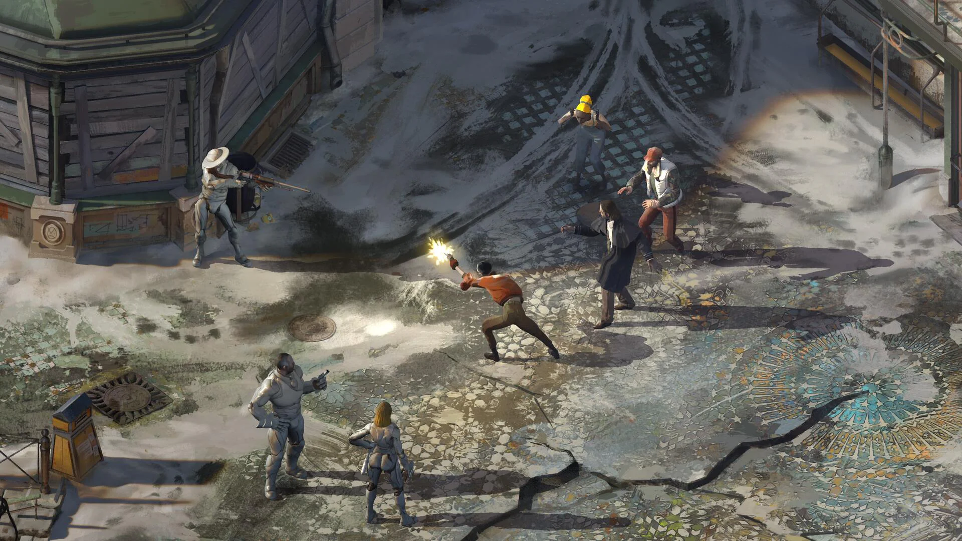 Disco Elysium — перестрелка на заснеженной улице между детективом и вооруженными врагами