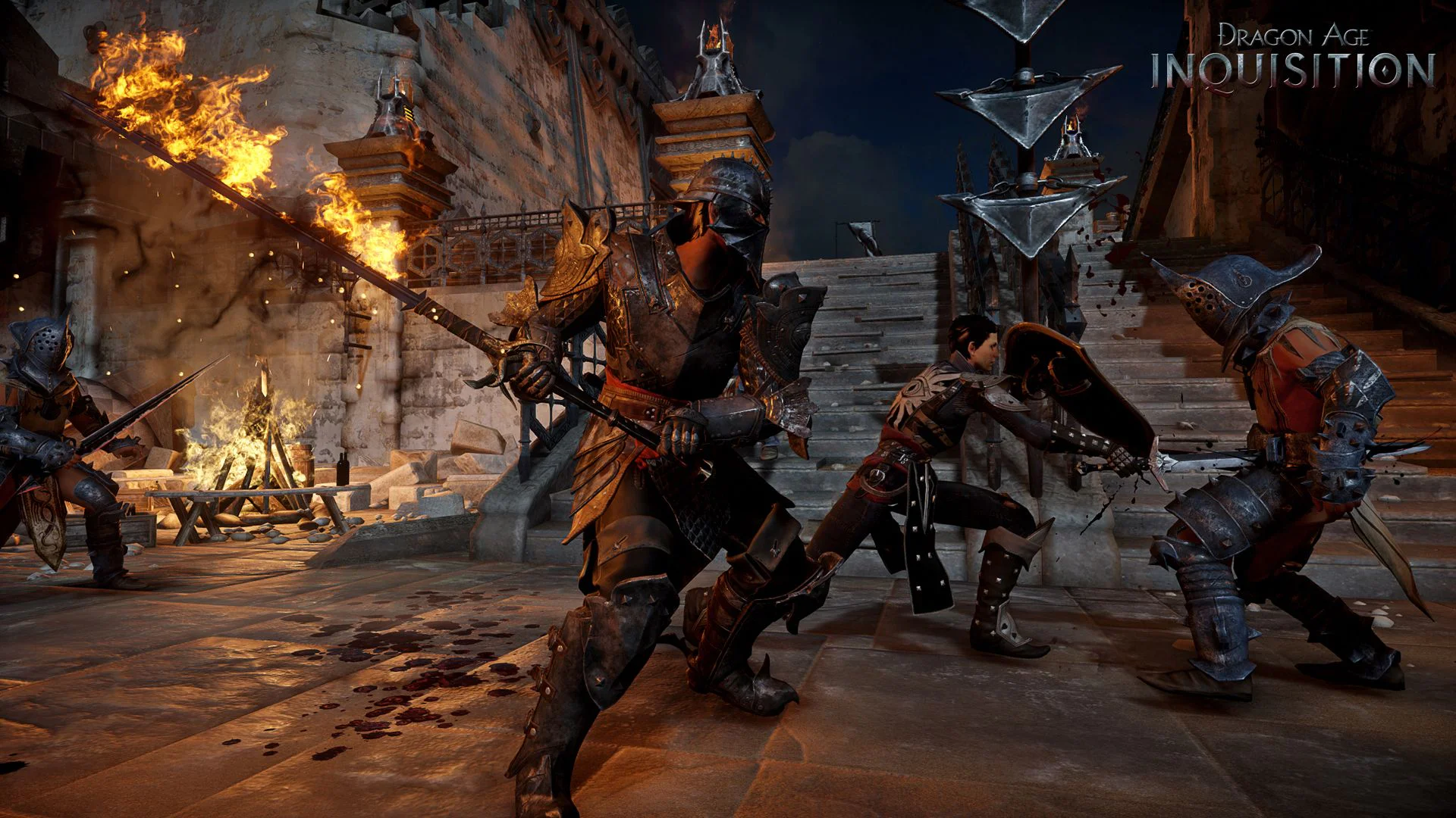 Сражение Инквизитора и Кассандры с врагами в крепости в Dragon Age.