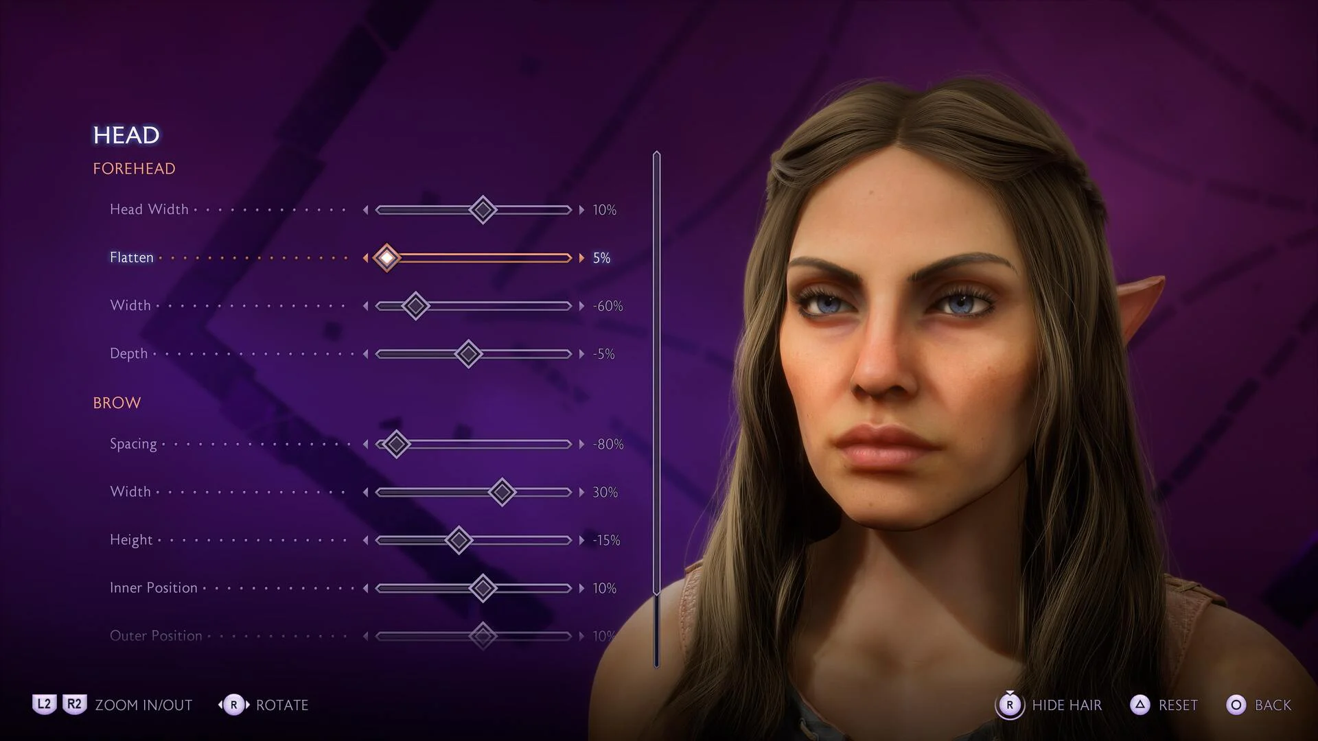 Меню создания персонажа в Dragon Age: The Veilguard с настройками лица эльфийки.