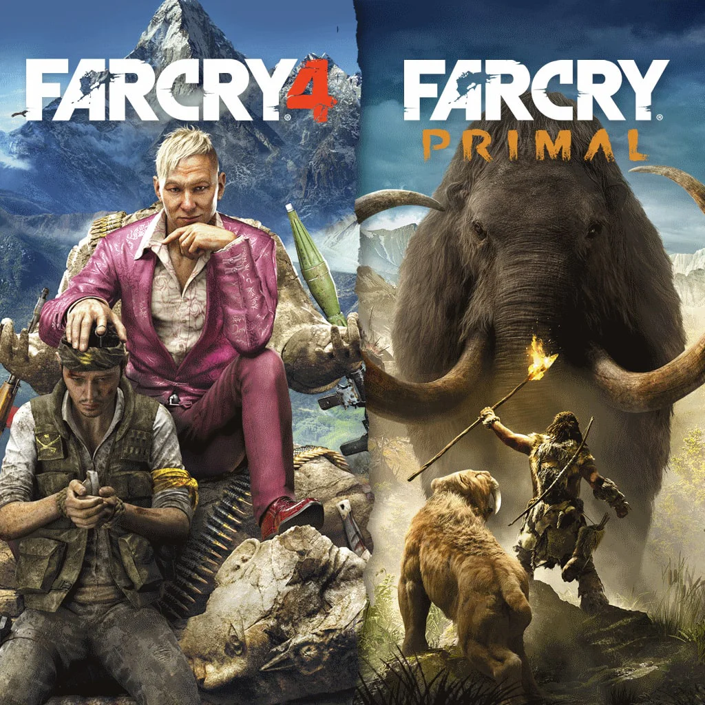 Far Cry 4 и Far Cry Primal — аренда цифровых игр PS с захватывающими мирами и выживанием Коллекция игр Far Cry 4 и Far Cry Primal — Пэйган Мин на троне и первобытный воин с копьём перед мамонтом