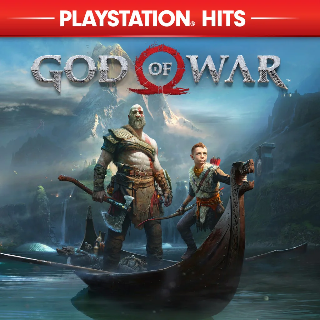 Кратос и Атрей в лодке на фоне скандинавского пейзажа — обложка God of War (PS4, PlayStation Hits)