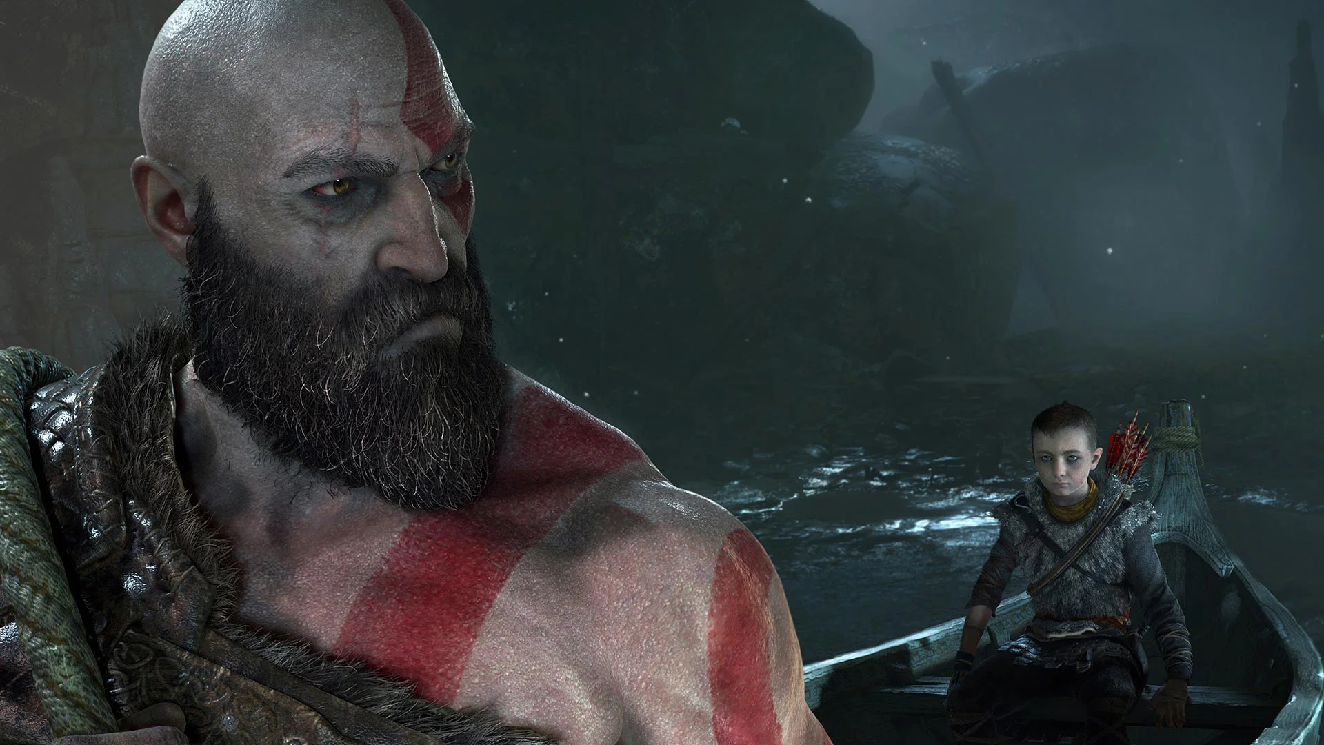 Кратос и Атрей плывут на лодке по мрачной реке в скандинавском мире God of War