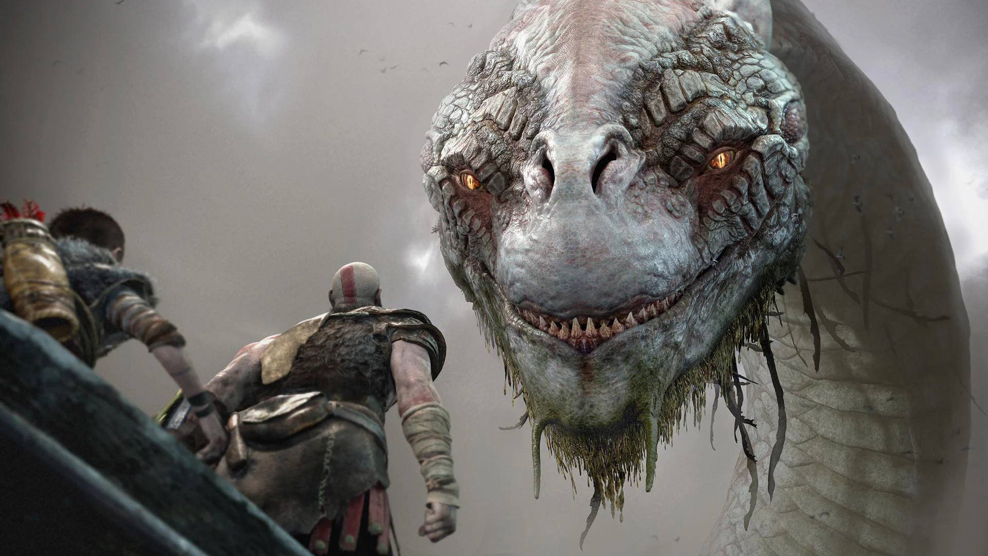 Кратос и Атрей стоят перед огромным мировым змеем Ёрмунгандом в God of War