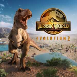 Игра Jurassic World Evolution 2 с тираннозавром Рексом на фоне парка