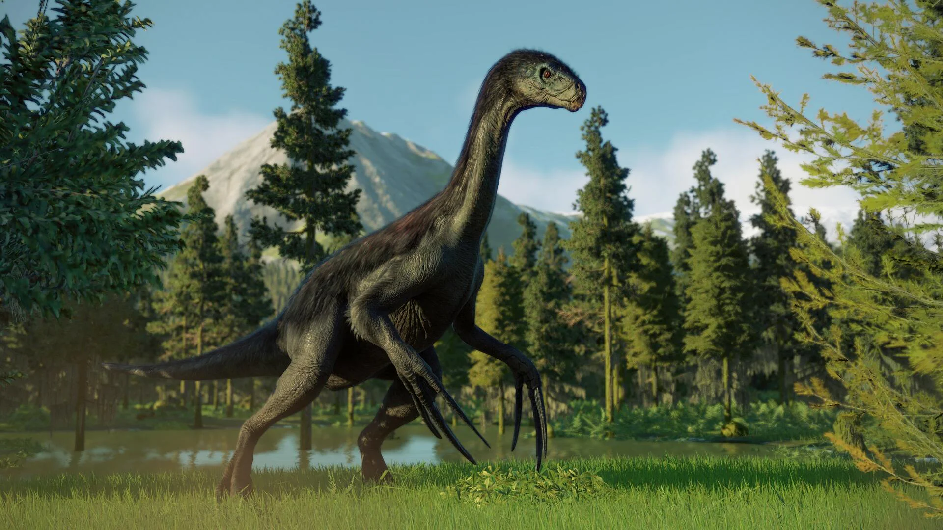 Теризинозавр в игре Jurassic World Evolution 2 на фоне густого леса