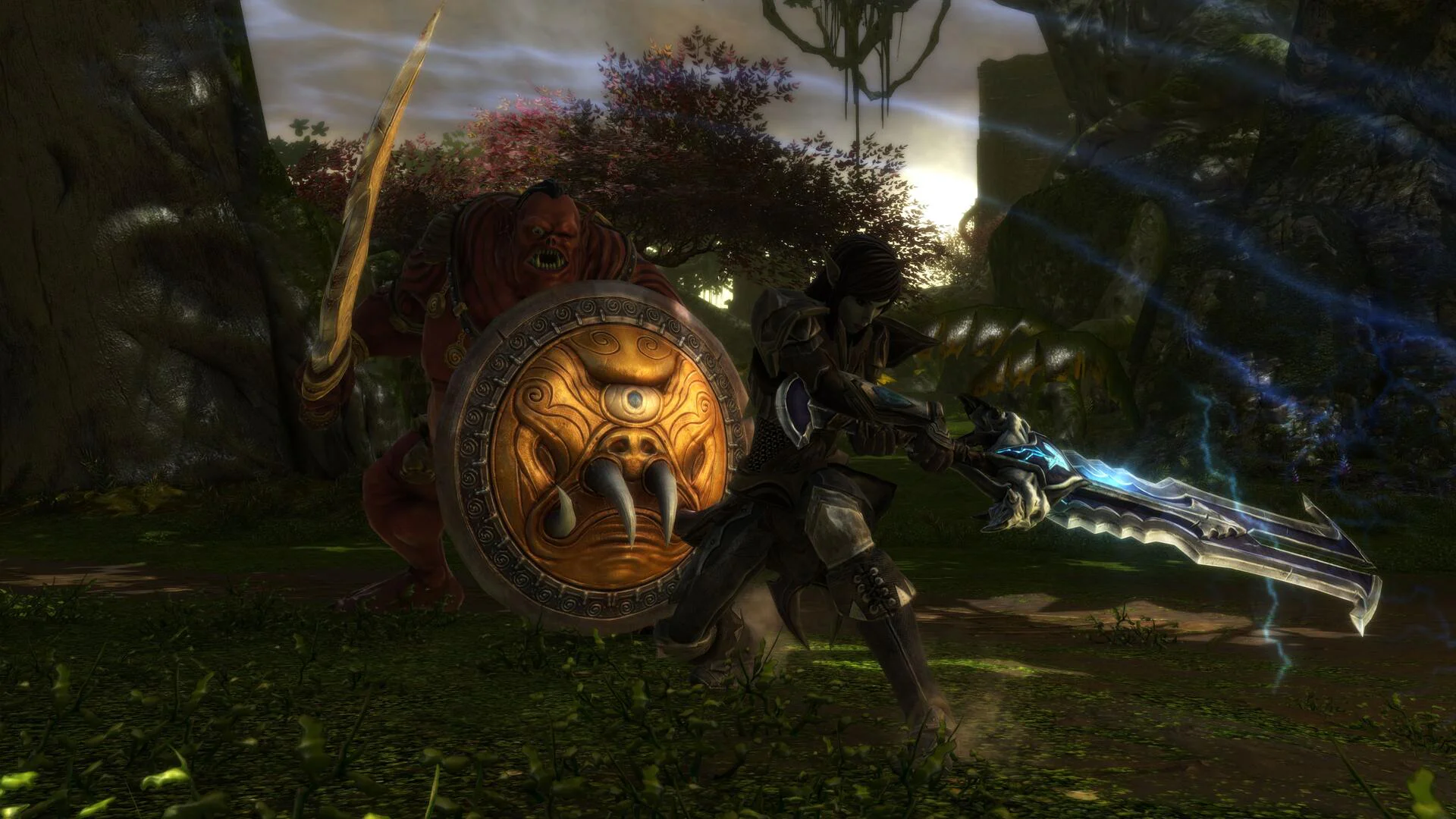 Битва в Kingdoms of Amalur: Re-Reckoning — воин с зачарованным мечом сражается с гигантом.