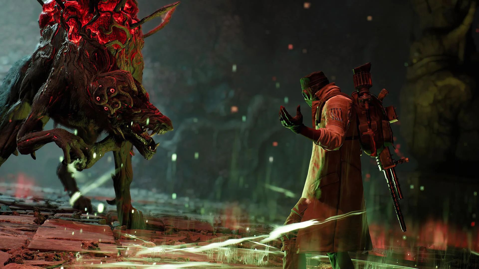 Игрок в защитном костюме противостоит мутировавшему чудовищу в Remnant II