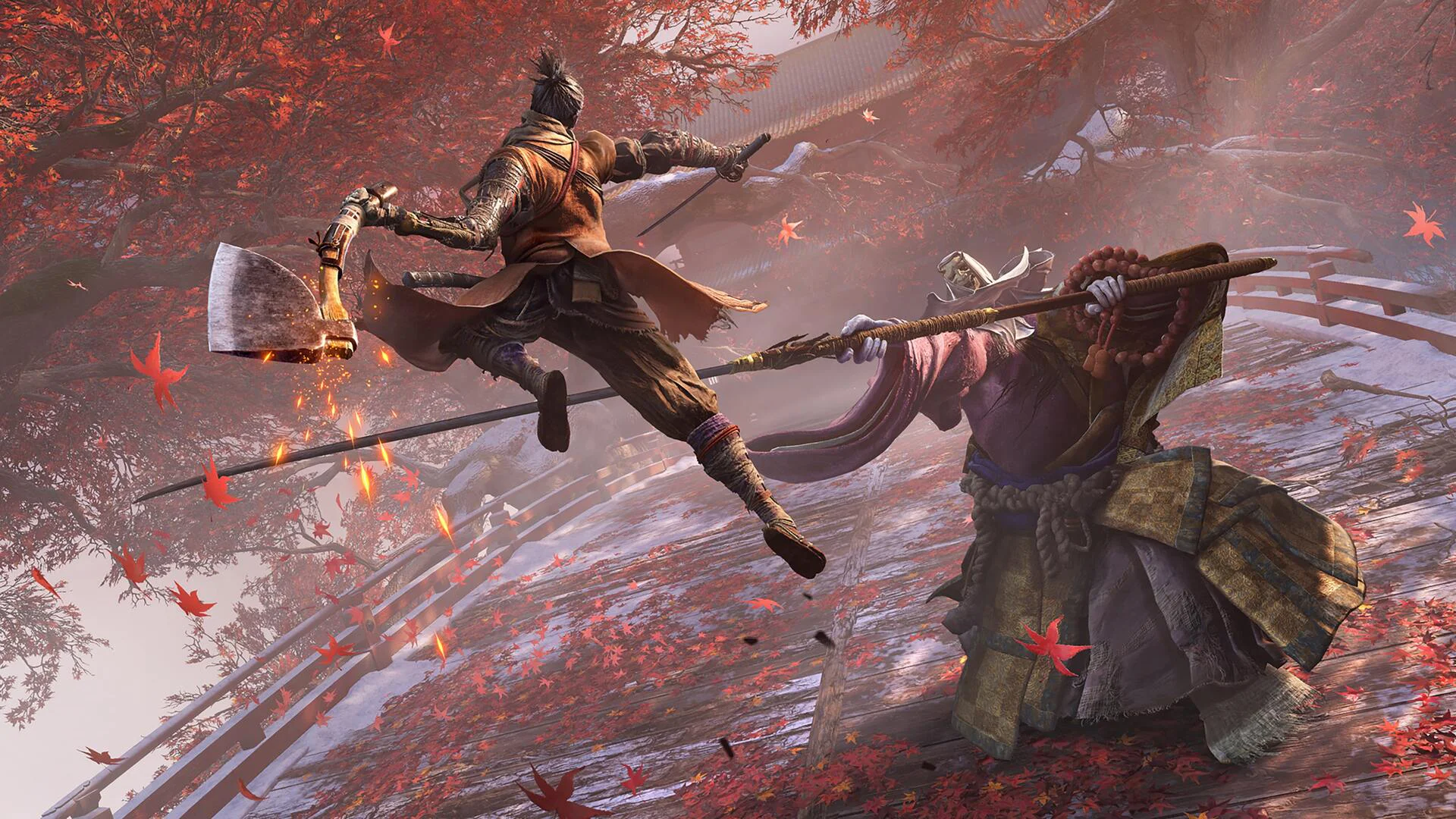 Сэкиро атакует монаха, используя протезный топор в игре Sekiro: Shadows Die Twice.