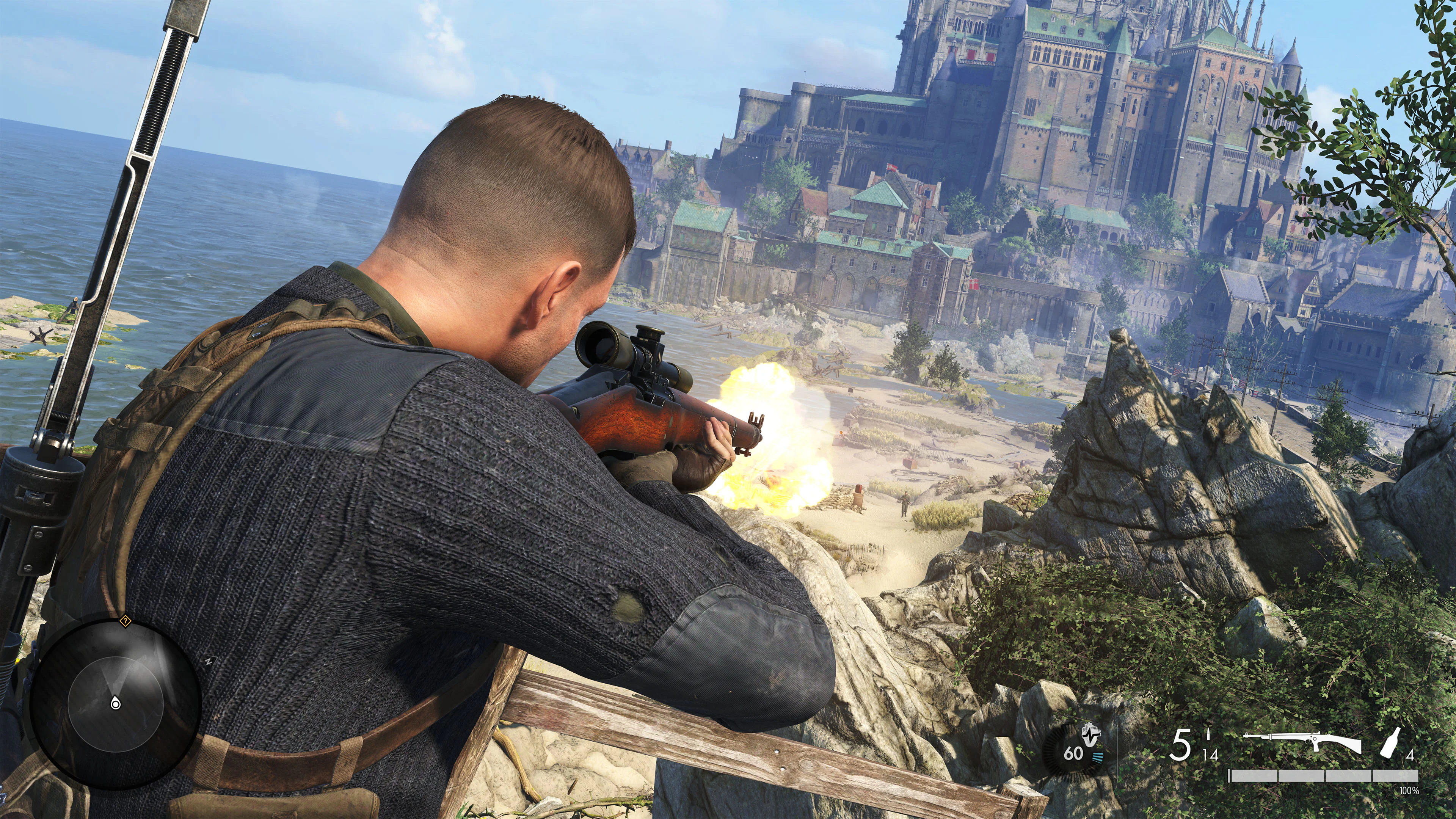 Карл Фейрберн стреляет из винтовки с холма в Sniper Elite 5.