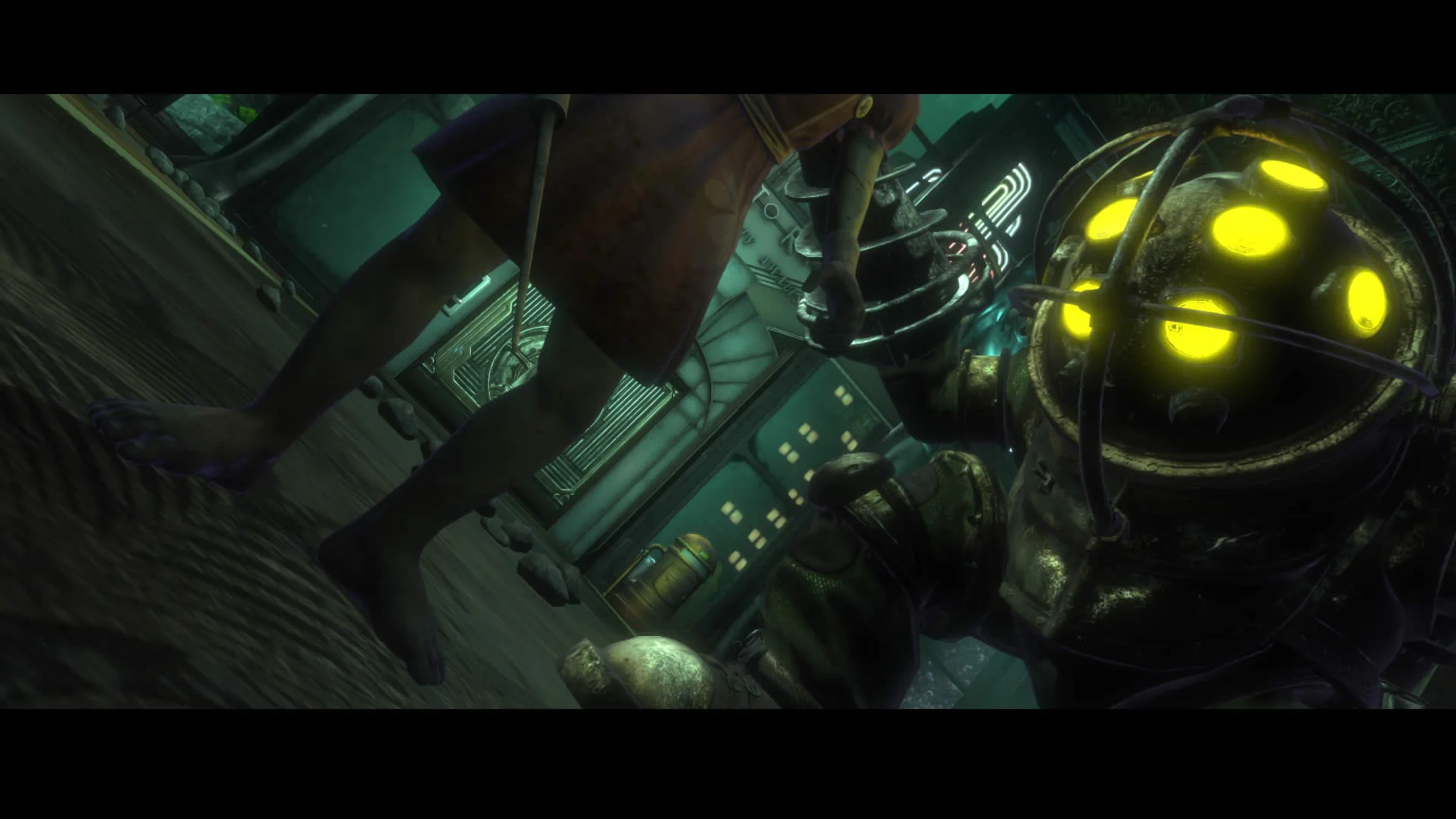 Сцена из BioShock Remastered: Большой Папочка и Маленькая Сестричка в подводном городе Восторг