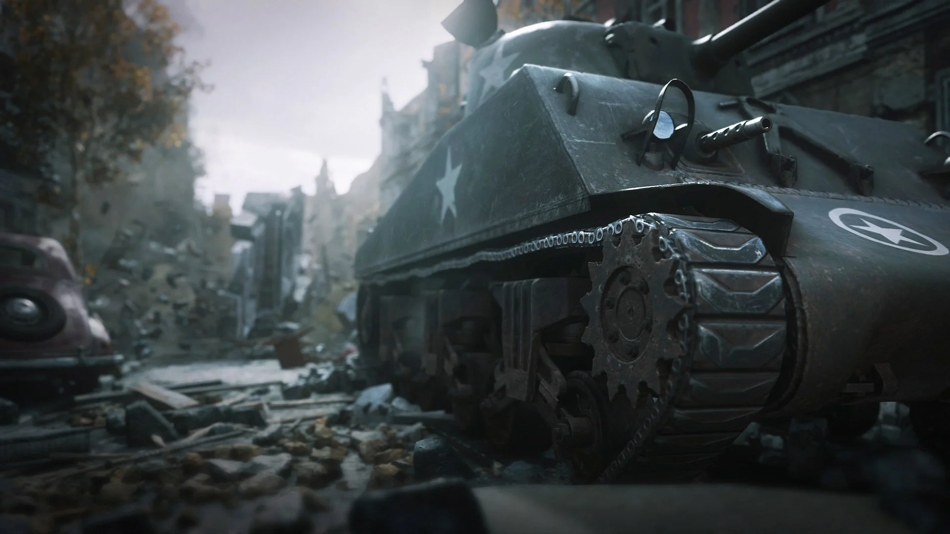 Танк Sherman на разрушенной улице военной Европы в Call of Duty WWII
