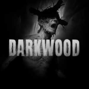 Жуткое существо с ветвистыми рогами на темном фоне на постере хоррора Darkwood.