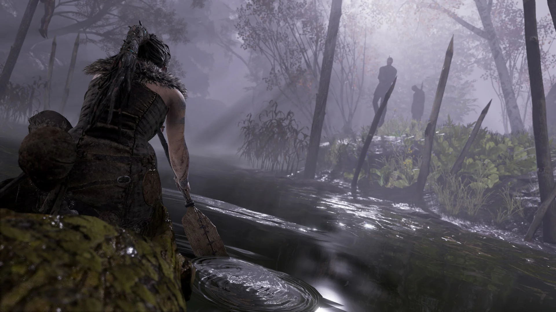 Сенуа плывет на лодке по мрачным водам в Hellblade