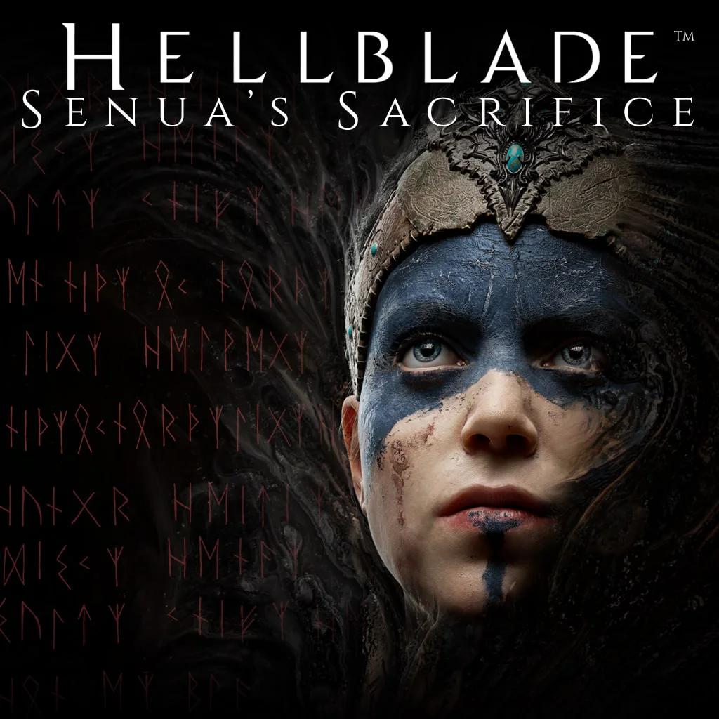 Сенуа из Hellblade: Senua’s Sacrifice с боевой раскраской на лице и короной на фоне рун.
