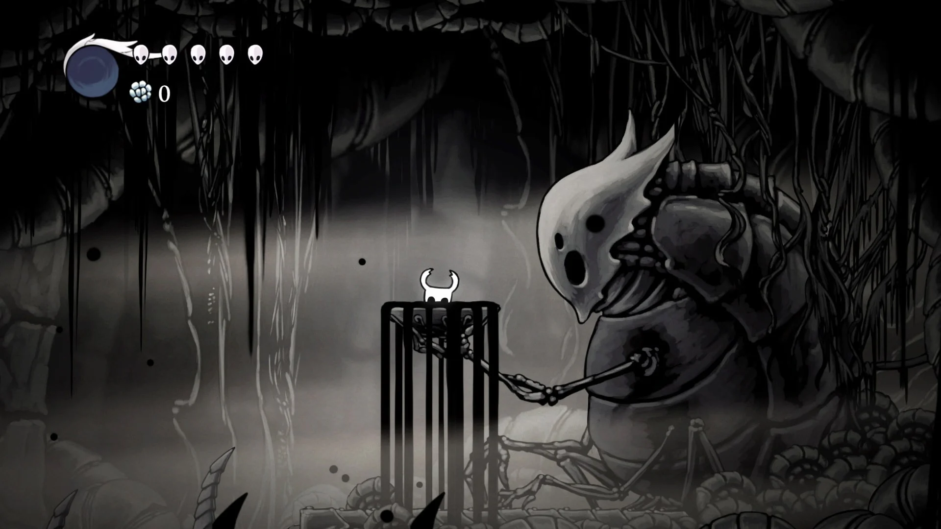 Главный герой Hollow Knight пробуждается в темнице перед таинственным существом в мрачном подземелье Холлоунест.