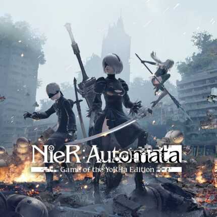 2B, 9S и A2 из NieR: Automata на фоне разрушенного города сражаются с машинами в издании Game of the YoRHa Edition.