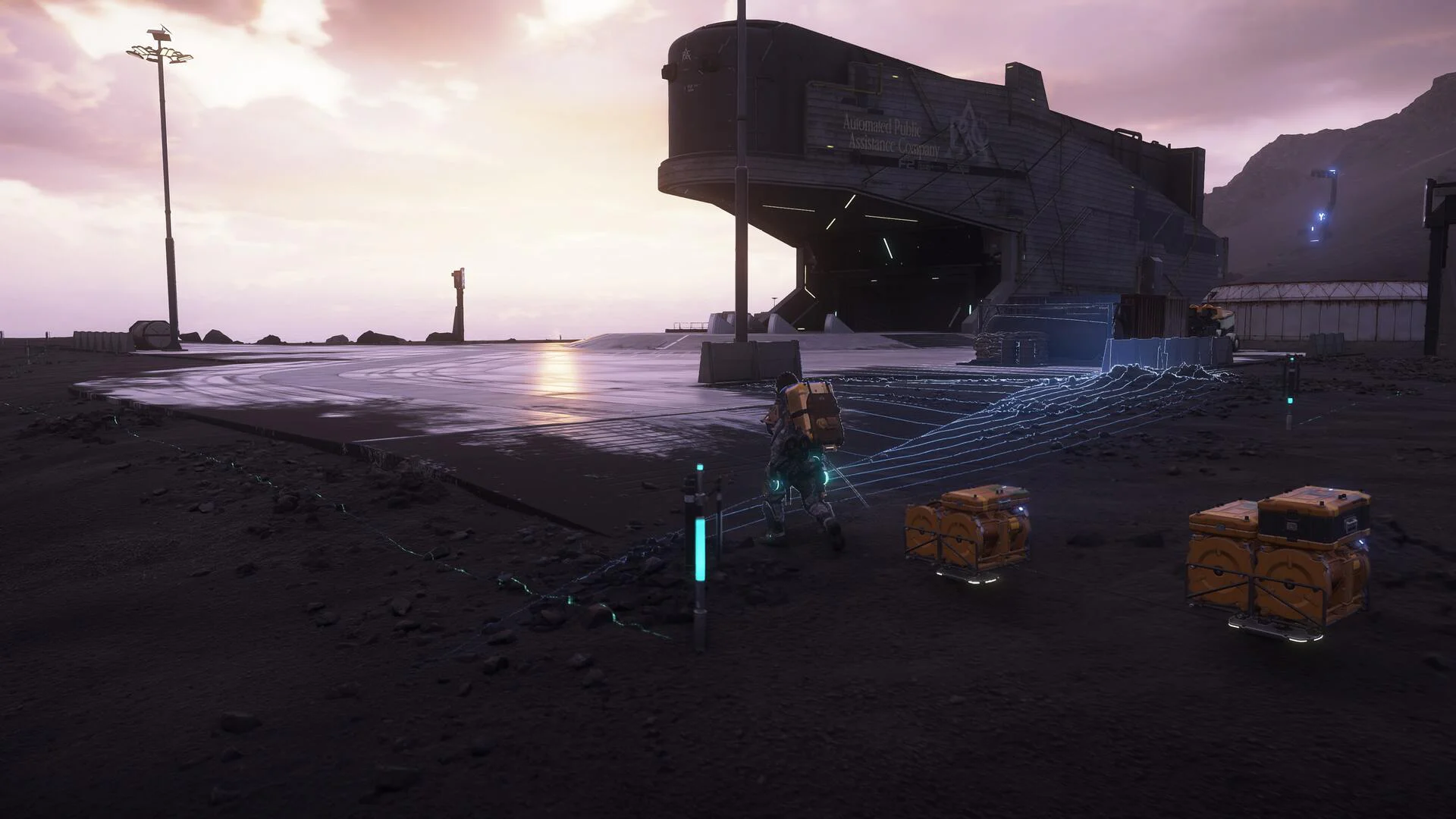 Сэм приближается к базе на закате в Death Stranding 2 для аренды