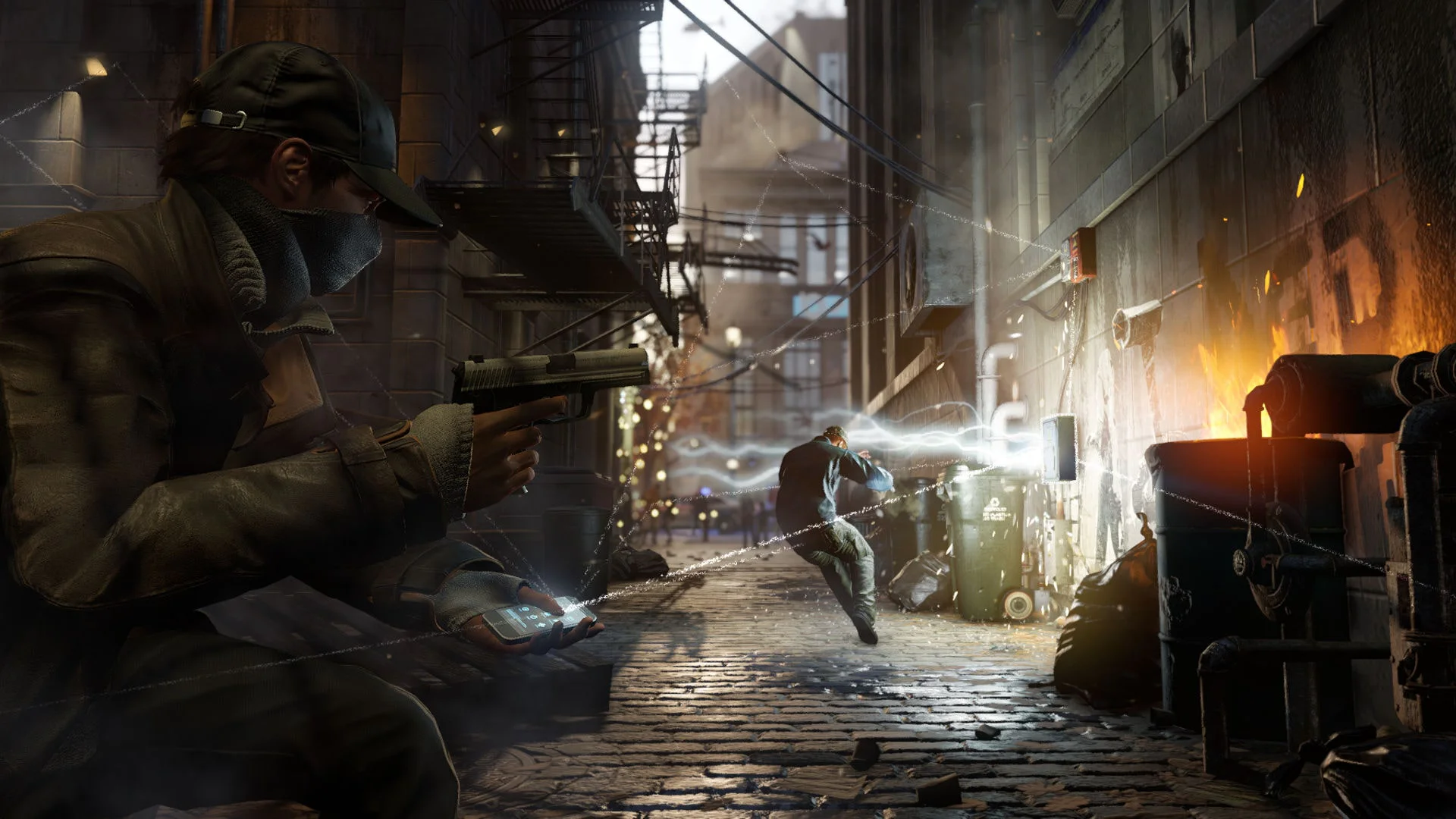 Скриншот Watch Dogs Эйден Пирс хакает электрощит на улице