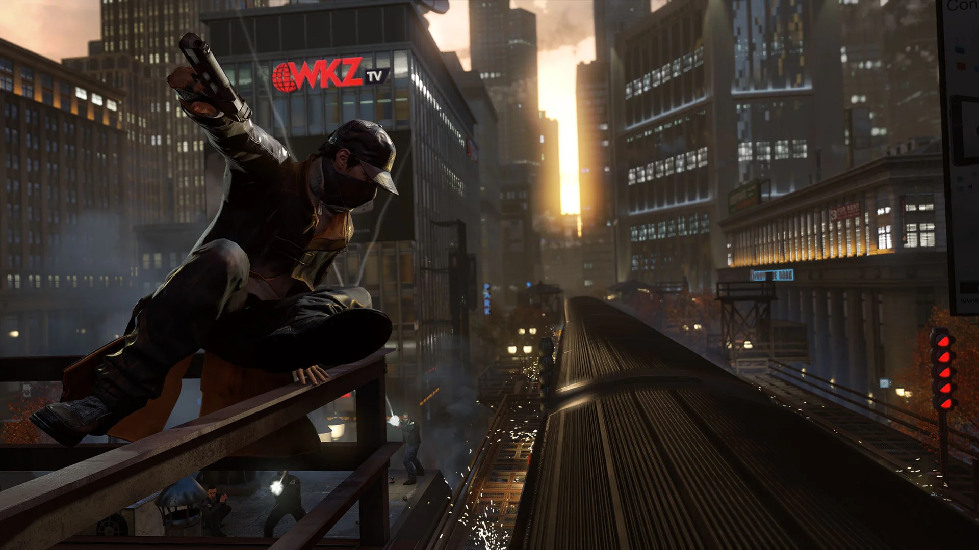 Скриншот Watch Dogs Эйден Пирс с пистолетом на фоне поезда и города