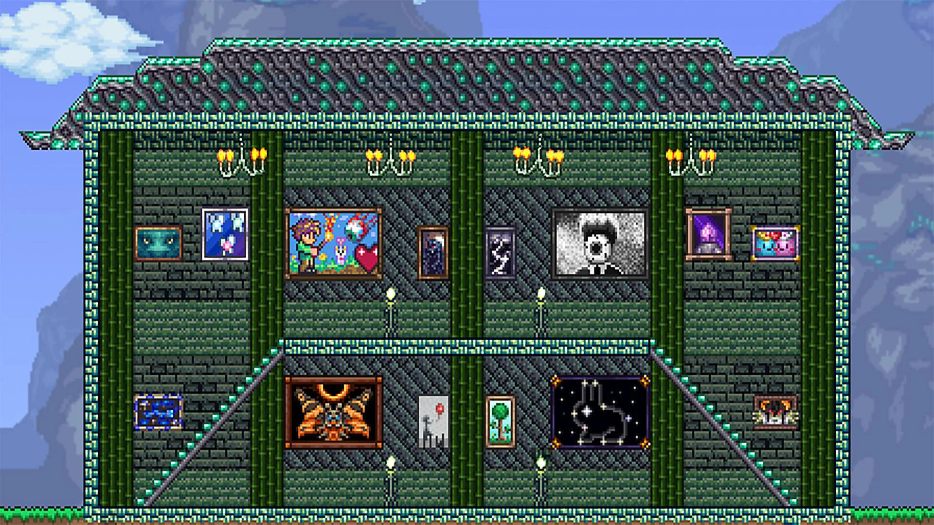 Скриншот Terraria с домом и картинами для аренды на PS