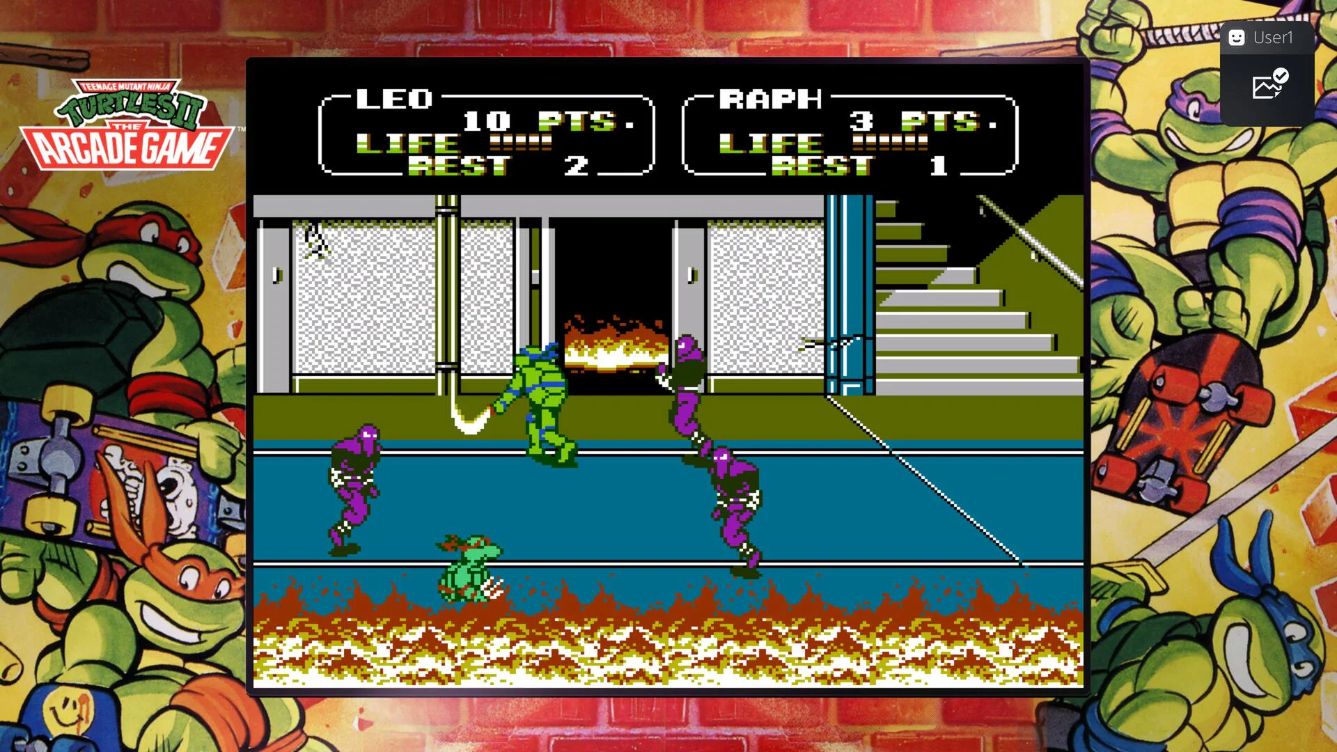 Скриншот TMNT II Arcade Game с Леонардо и Рафаэлем против клана Фут для аренды на PS
